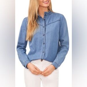 CECE Ruffle Button Up Chambray Long Sleeve Top